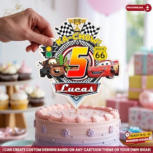 Adorno imprimible para tarta de cumpleaños de Disney Cars, decoración personalizada para fiestas de niños, suministros para cumpleaños de Rayo McQueen, descarga temática de coches de carreras.