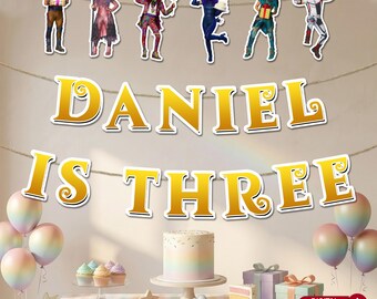 Descendants Birthday Banner, Gold Party Backdrop, Printable Custom Name Decor