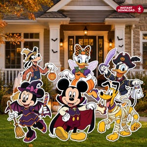 May include: A digital graphic featuring Disney characters in Halloween costumes, including Mickey Mouse as a vampire, Minnie Mouse as a witch, Goofy as a scarecrow, Daisy Duck as a fairy, Donald Duck as a pirate, and Pluto as a mummy.