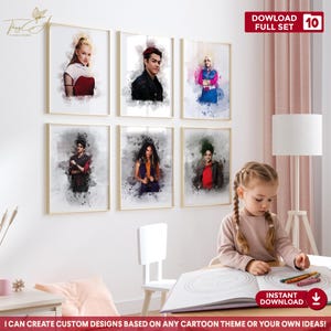 May include: Six framed watercolour portraits of characters, with gold frames, are displayed on a white wall. The portraits feature individuals in various outfits. Text in the image reads "DOWLOAD FULL SET 10" and "INSTANT DOWNLOAD". The text "I CAN CREATE CUSTOM DESIGNS BASED ON ANY CARTOON THEME OR YOUR OWN IDEAS!" is also present.