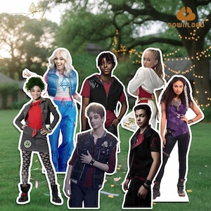 May include: Cardboard cutouts of characters from a film or TV series. The characters are dressed in diverse costumes, with a blend of everyday and themed attire. The cutouts are positioned against a blurred outdoor backdrop.