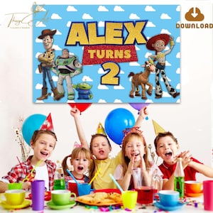 Op de afbeelding: Een blauwe en witte verjaardagsbord met een Toy Story-thema. De banner heeft de personages Woody, Buzz Lightyear, Jessie en Bullseye. De banner zegt "Alex wordt 2" in gouden glitterletters.