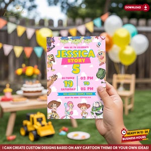 Toy Story Birthday Invite for Girls, Watercolor Pink Printable, Jessie Woody Bullseye, Digital Download