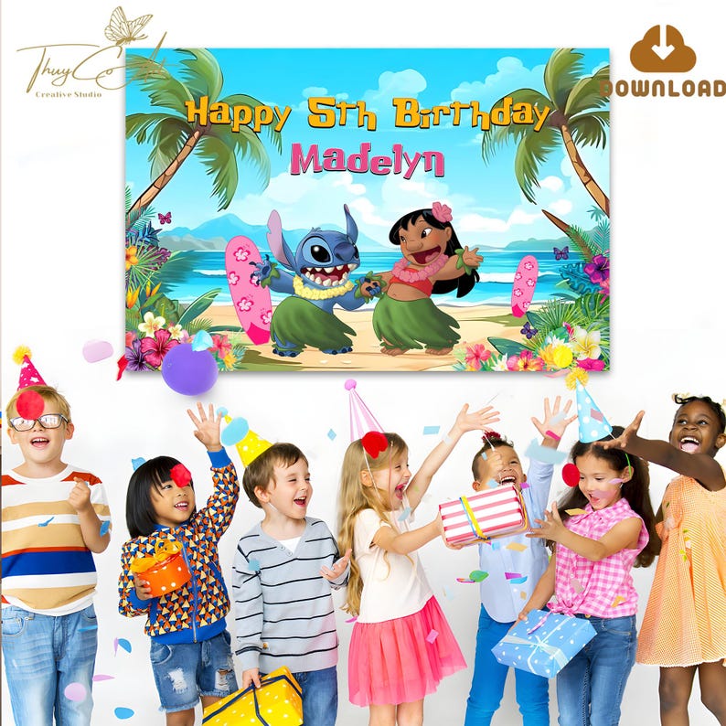 Lilo and Stitch Backdrop Digital Download, Stitch Birthday Banner Printable, Kids Party Decorations Diy