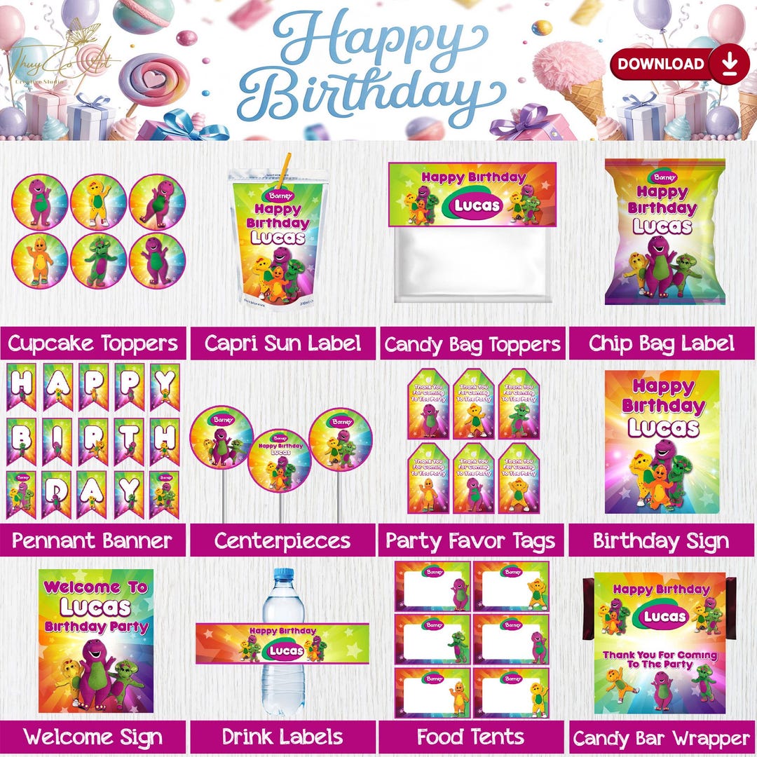Digital Barney Birthday Party Bundles, Barney Party Decorations, Purple ...