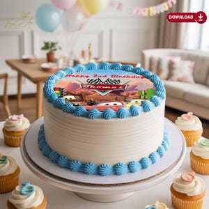 May include: A round birthday cake with white frosting and blue frosting accents. The top of the cake features a Cars-themed image with the text "Happy 2nd Birthday Thomas". Cupcakes with frosting surround the cake.