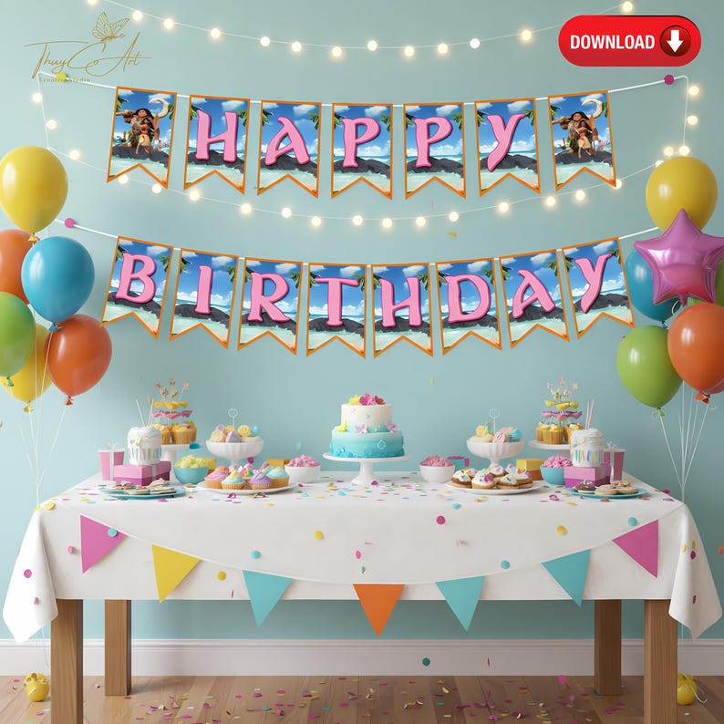 May include: A festive birthday party scene with a white tablecloth, colorful balloons, and a banner that reads "HAPPY BIRTHDAY" in pink letters. The table is set with a cake, cupcakes, and other treats.