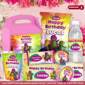Barney Party Decor Digital, Niestandardowe dekoracje urodzinowe Barney, Pakiety urodzinowe dla dzieci, Pobierz motyw fioletowego dinozaura