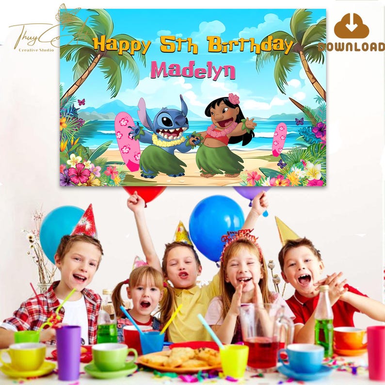 May include: A colorful birthday banner featuring Stitch and Lilo from Disney's Lilo & Stitch. The banner has a blue background with palm trees, flowers, and a beach scene. The text on the banner reads "Happy 5th Birthday Madelyn".
