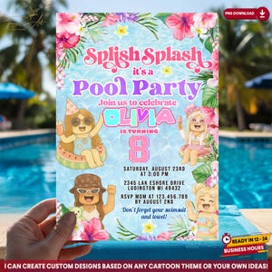 Może przedstawiać: Zaproszenie na przyjęcie przy basenie z tekstem "Splish Splash it's a Pool Party". Zaproszenie zawiera ilustracje z kreskówek dziewczyn, kwiatów i tekst "Join us to celebrate OLIVIA is turning 8".