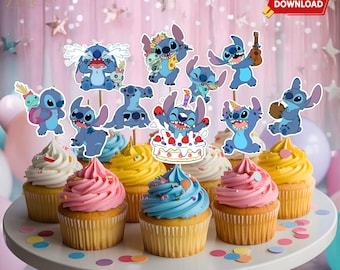Adornos para cupcakes de Lilo y Stitch: Decoración para fiesta hawaiana (Descarga digital)