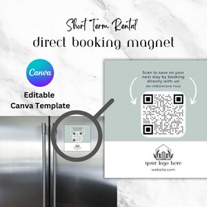 AirBnb, VRBO, site de reserva direta ímã quadrado ou cartão de visita - modelo Canva - código QR de aluguel de curto prazo, marketing