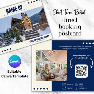 AirBnb, VRBO, modelo de cartão postal de site de reserva direta Canva - código QR de aluguel de curto prazo, marketing