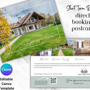 AirBnb, VRBO, modelo de cartão postal de site de reserva direta Canva - código QR de aluguel de curto prazo, marketing