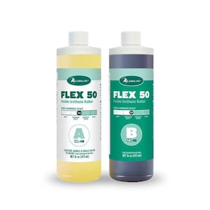 May include: Two cylindrical bottles of Alumilite Flex 50 flexible urethane rubber. The left bottle contains a pale yellow liquid labeled A, and the right bottle contains a dark liquid labeled B. Each bottle holds 16 oz of product.
