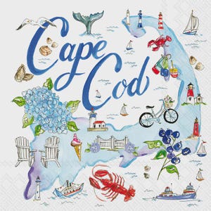 May include: Watercolor illustration of Cape Cod with blue lettering and a map outline. Features include a whale tail, lighthouses, sailboats, a bicycle, lobster, hydrangeas, and an ice cream cone.