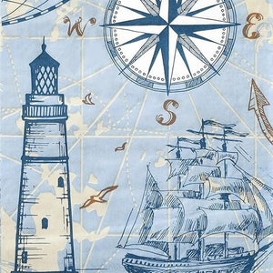 May include: A vintage nautical themed illustration featuring a lighthouse, a ship, a compass, and a whale. The illustration is in shades of blue and brown on a light blue background.