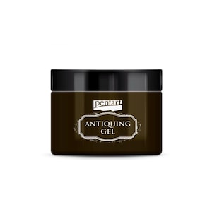 May include: A dark brown jar of antiquing gel with a black lid. The label reads "ANTIQUEING GEL" in white, decorative font. The brand name "penari" is above the label. The jar is designed for decorative use.