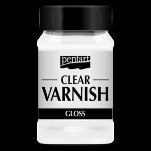 May include: A white jar of clear varnish gloss with a black lid. The label displays "pentart CLEAR VARNISH GLOSS" in black lettering. The product is presented on a black backdrop.
