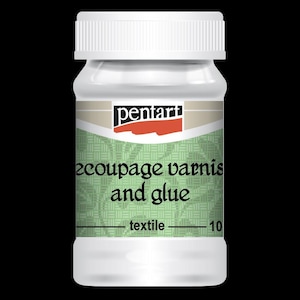 May include: A white bottle of Pentart decoupage varnish and glue for textile projects. The label features the brand name, product description, and a green patterned background. The bottle has a white lid and a capacity of 10.