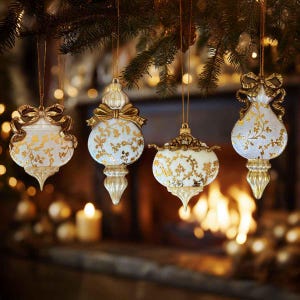 May include: Four white glass Christmas ornaments with gold floral patterns and gold-toned decorative caps. Each ornament features a unique shape, including teardrop and bulbous designs, suspended by thin strings from evergreen branches.