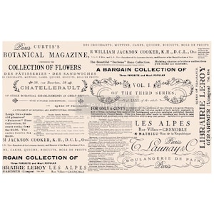 May include: A vintage botanical magazine page with text and decorative elements. Features the title "Paris Botanical Magazine" and advertisements for flowers, pastries, and other goods. Includes text in French and English.