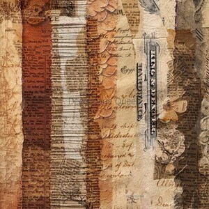 May include: A collage of vintage paper textures in shades of brown, beige, and cream. The composition features layered fragments of antique documents, cursive handwriting, printed text, and stamps, including the text THE PARIS SENSATION and KING & DEXTER HARDWARE.
