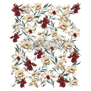 May include: A decorative transfer sheet featuring a repeating pattern of watercolor-style orchids in shades of deep red, cream, and pale yellow, interspersed with slender, dark green foliage against a plain white background.