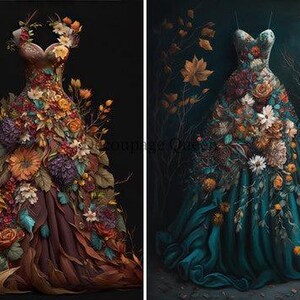 May include: Two floor-length gowns displayed side-by-side. The left gown features a dark brown skirt adorned with autumn-coloured flowers and leaves. The right gown has a deep teal skirt decorated with a dense arrangement of colourful floral blooms.