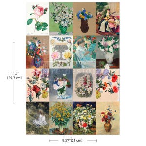 May include: A collage of 16 vintage-style floral art prints. The prints feature various bouquets in vases, individual flowers, and scenes of women. The collage measures 11.7 inches (29.7 cm) high and 8.27 inches (21 cm) wide.