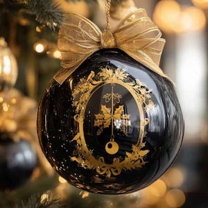 May include: A spherical black glass Christmas ornament featuring a gold foil oval frame design with holly leaves and a central hanging bauble motif. The ornament is topped with a large, sheer gold ribbon bow tied in a decorative knot.