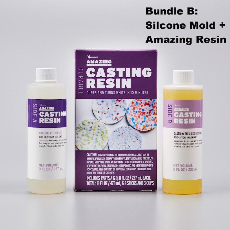 May include: A casting resin kit with two bottles labeled "Side A" and "Side B", and a purple box. The box reads "Amazing Casting Resin" and "Cures and turns white in 10 minutes." Each bottle contains 8 fl oz / 237 ml.