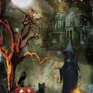 May include: A digital illustration featuring a full moon, a dark house, and a figure in a hooded robe standing by a cauldron with flames. A bare orange tree, a black crow, a glowing jack-o'-lantern, and a skull are visible in the foreground.