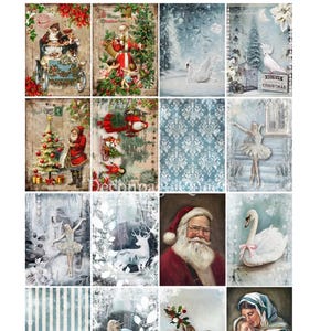May include: A collage of Christmas-themed images. The images include Santa Claus, swans, a ballerina, a deer with holly, and a Madonna and child. The color palette is primarily white, blue, and red, with vintage-style backgrounds.