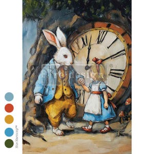 May include: An illustration depicting a scene from Alice in Wonderland. The White Rabbit, in a blue coat and yellow trousers, holds hands with Alice, who wears a blue dress. A large clock with Roman numerals is in the background.