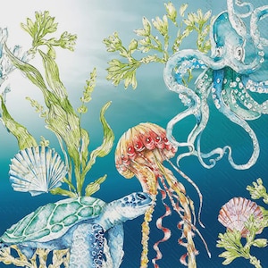 May include: Watercolor illustration of an underwater scene featuring a sea turtle, jellyfish, octopus, and seashells. The artwork has a blue and teal color palette with green seaweed and a light background.