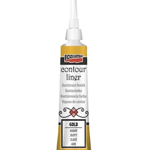 May include: A white and gold tube of Pentart contour liner. The tube has a white nozzle and a gold label with the words "contour liner" and "GOLD" in black text. The tube is designed for decorative art projects.