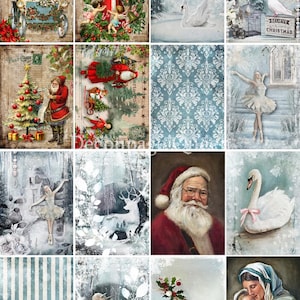 May include: A collection of vintage-style Christmas-themed images. The images feature Santa Claus, angels, Christmas trees, swans, ballerinas, deer, and a unicorn. The color palette includes red, white, blue, and green.