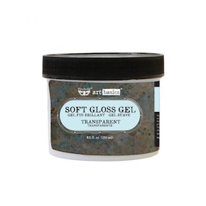 May include: A white plastic jar with a black lid, labeled "SOFT GLOSS GEL" and "TRANSPARENT". The jar contains 8.5 fl oz (250 ml) of gel. The product is from "art basics".