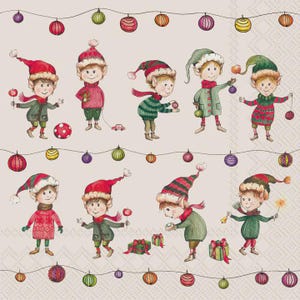 May include: Watercolor illustration of elves in festive attire, including red and green hats and scarves. The elves are surrounded by string lights and holding ornaments and gifts, creating a whimsical holiday scene.