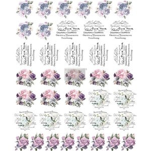 Peut inclure: Une feuille de transferts floraux avec divers arrangements de fleurs dans les tons de violet, rose et blanc. Certains motifs incluent du texte français. Idéal pour l'artisanat et les projets de bricolage.