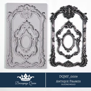 May include: A gray silicone mold and a black and silver antique frame. The mold features a detailed design of ornate frames, including oval and rectangular shapes. The frame is a finished product with intricate scrollwork and a distressed finish. The text "Antique Frames" is visible.