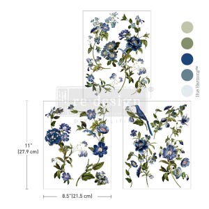 May include: Three floral transfer sheets with blue and white flowers and green leaves. The largest sheet is 11 inches (27.9 cm) tall and 8.5 inches (21.5 cm) wide. A blue bird is featured on one sheet. The text "Hue Harmony" is on the right.