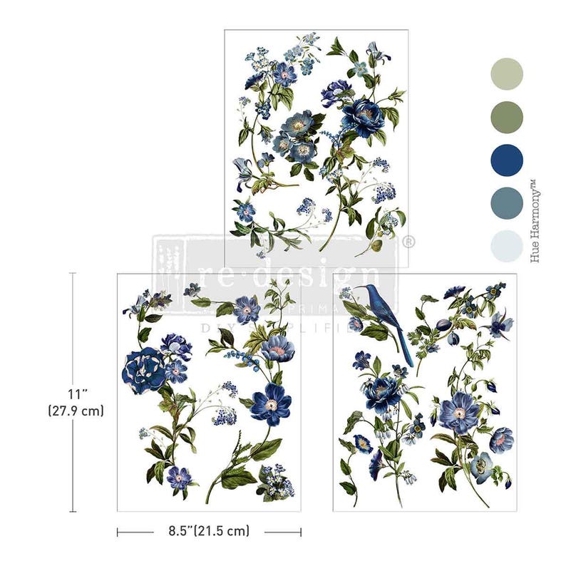 May include: Three floral transfer sheets with blue and white flowers and green leaves. The largest sheet is 11 inches (27.9 cm) tall and 8.5 inches (21.5 cm) wide. A blue bird is featured on one sheet. The text "Hue Harmony" is on the right.
