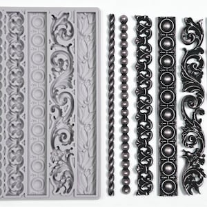 May include: Silicone mould with eight different designs for creating decorative borders. The mould features a variety of patterns, including beads, rope, and ornate floral designs.