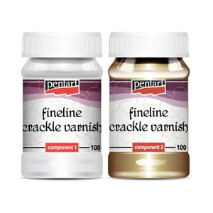 May include: Two bottles of Pentart fineline crackle varnish. One bottle is white, labeled "component 1", and the other is gold, labeled "component 2". Each bottle has a white lid and contains 100 units of varnish.
