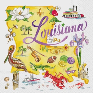 May include: Watercolor illustration of Louisiana with state symbols. Features a pelican, fleur-de-lis, magnolia, crawfish, football, and a steamboat. The word "Louisiana" is written in purple script across the image.