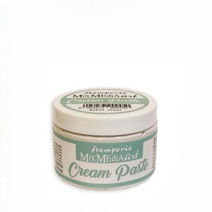 Puede incluir: Un tarro blanco de Stamperia Mix Media Art Cream Paste. El tarro tiene una etiqueta verde claro con el nombre del producto y una tapa blanca. El tarro contiene 150 ml de pasta cremosa.