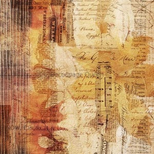 May include: A collage print featuring sepia-toned vintage ephemera, including fragments of old newspaper text, cursive handwriting, musical notation, and architectural sketches. The composition uses layered textures in shades of brown, tan, and cream.