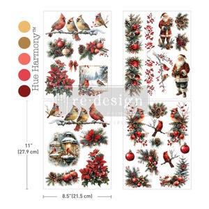 May include: A set of decorative transfer sheets measuring 27.9 cm by 21.5 cm, featuring Christmas-themed illustrations of cardinals, Santa Claus, poinsettias, pinecones, red ornaments, and lanterns with the text Hue Harmony and re-design.